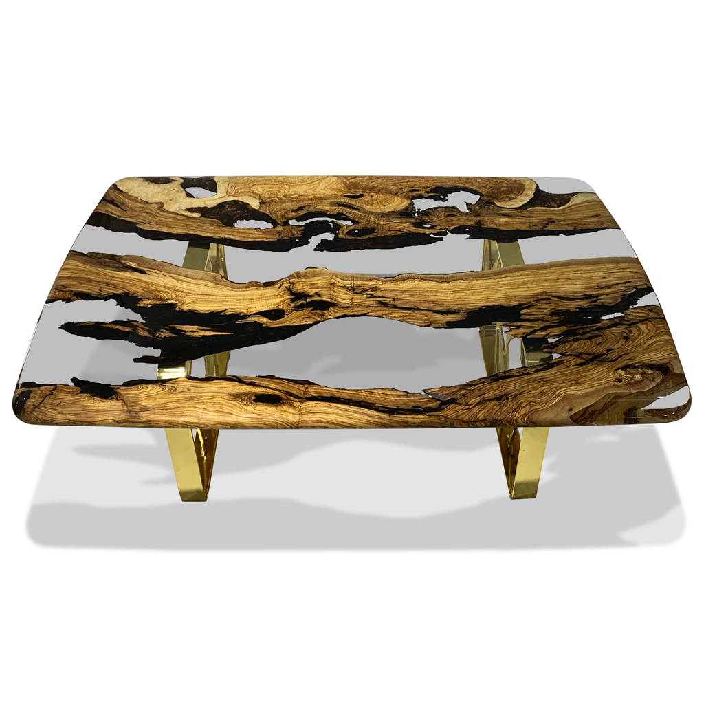 Ombrone Olive Wood Squoval Coffee Table with resin top and gold metal bases