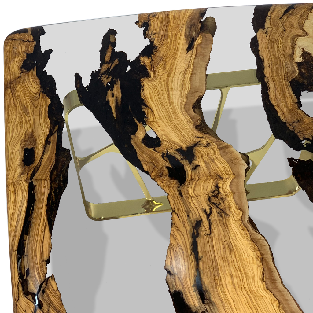 Ombrone Olive Wood Squoval Coffee Table with live-edge wood resin top and gold metal base