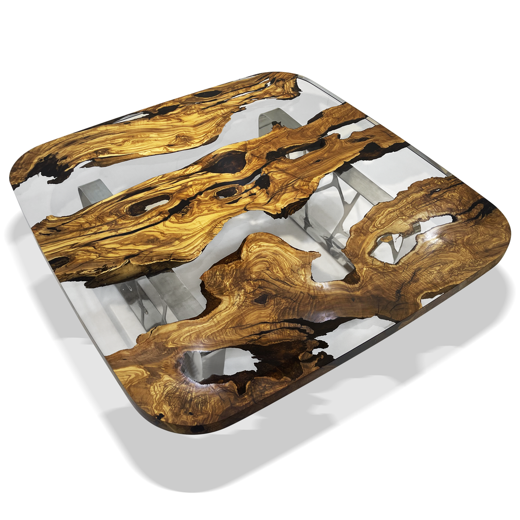 Ombrone Olive Wood Squoval Square Coffee Table with clear epoxy and steel base