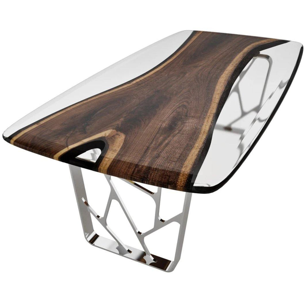 Ombrone Walnut Dining Table with dark wood, clear resin top, and geometric metal base