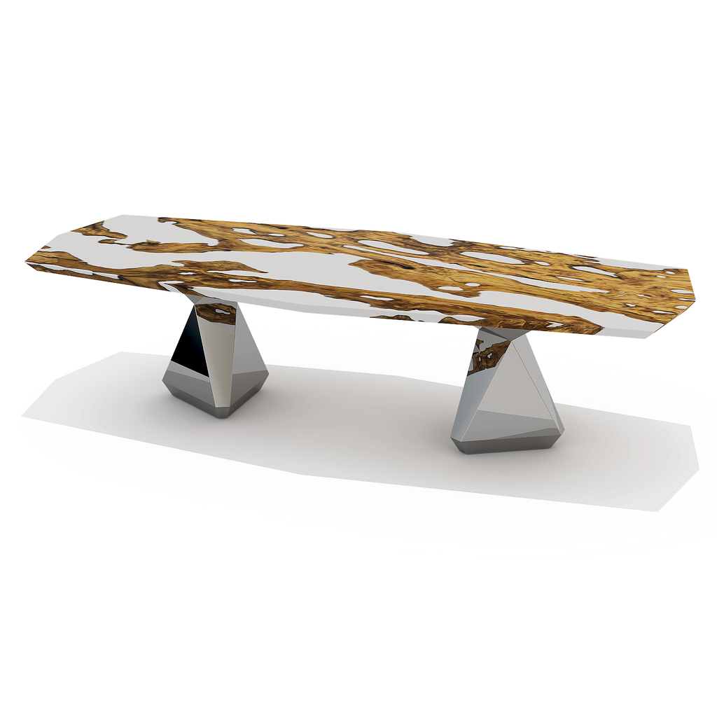 Modern Omphale Olive Wood Octagonal Dining Table with live-edge white and gold marble top
