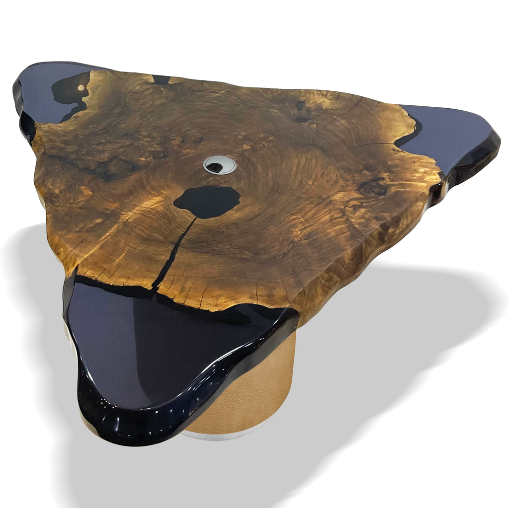 Valeron Triangular Desk with live-edge wood top, dark resin fills, and metal accent