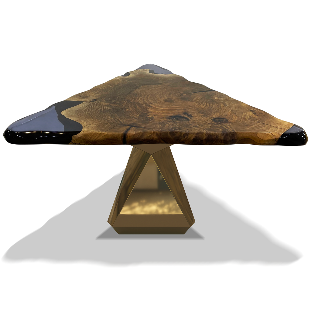 Omphale Walnut Wood Triangular Dining Table with Live-Edge Wood and Resin Top
