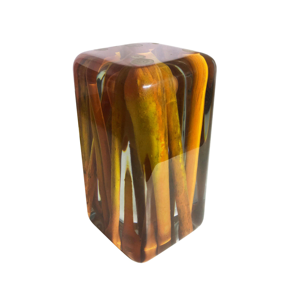 Clear resin Orange Sticks Cube with encased vertical amber and dark brown sticks