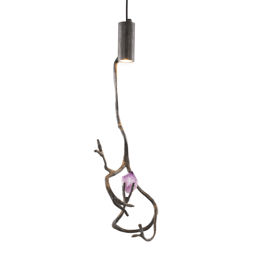 Orpheus Amethyst Hanging Lamp with modern design and rough-cut pink amethyst crystal