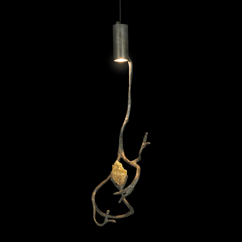 Orpheus Champagne Calcite hanging lamp with metallic branch-like structure and luminous crystal