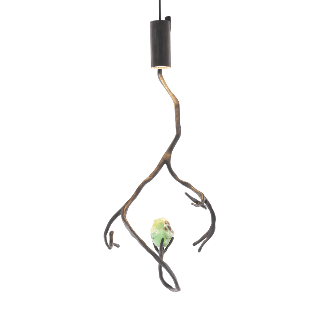 Orpheus Green Calcite hanging lamp with semi precious stones and tree branch design