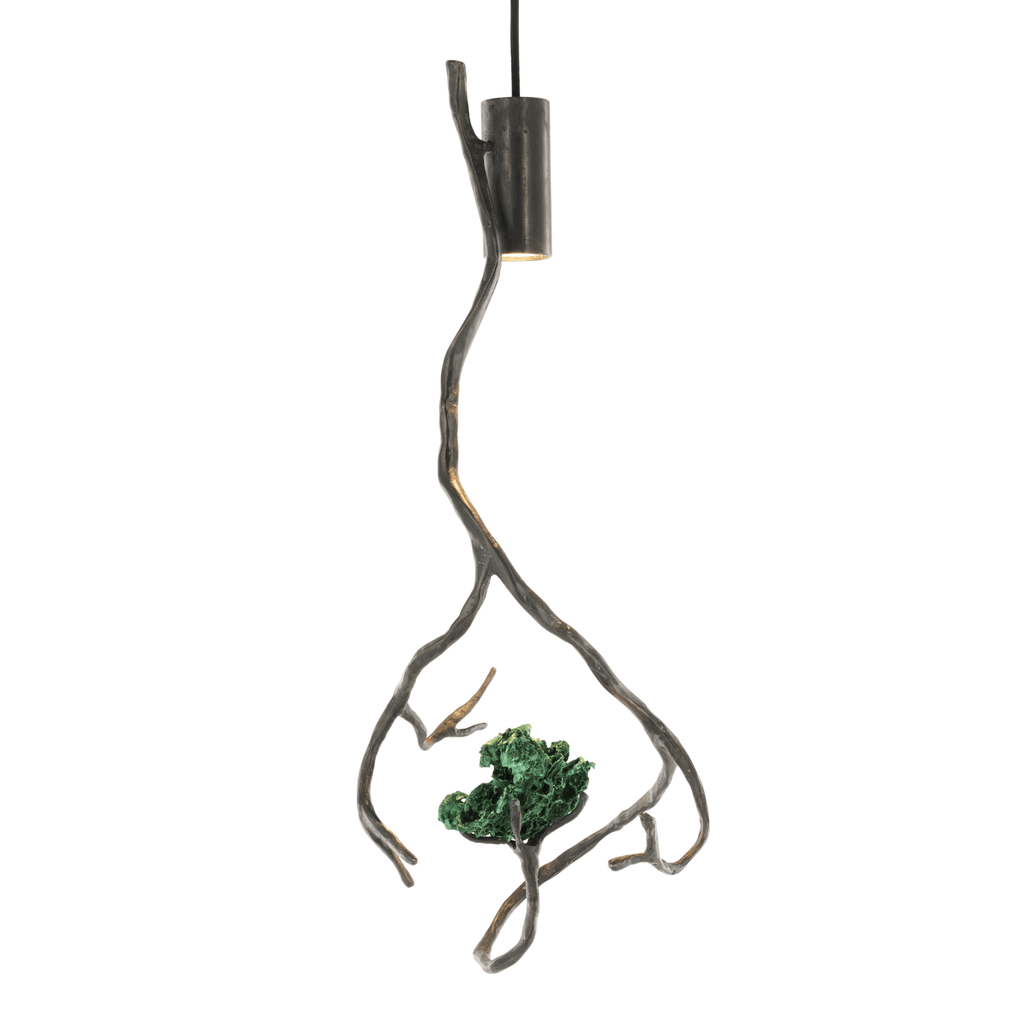 Orpheus Malachite Hanging Lamp with branch design and green malachite semi precious stones