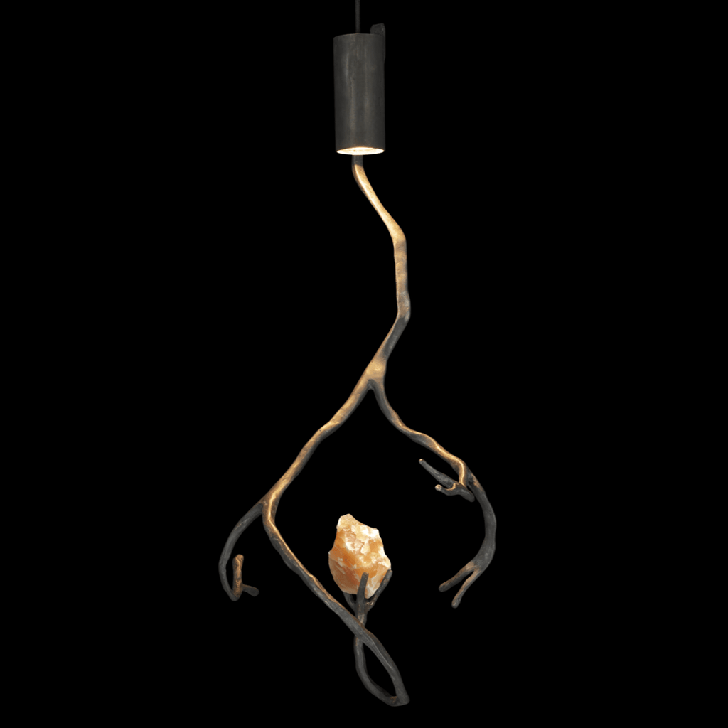 Orpheus Orange Calcite Hanging Lamp with dark top, branch stem, and glowing amber crystal