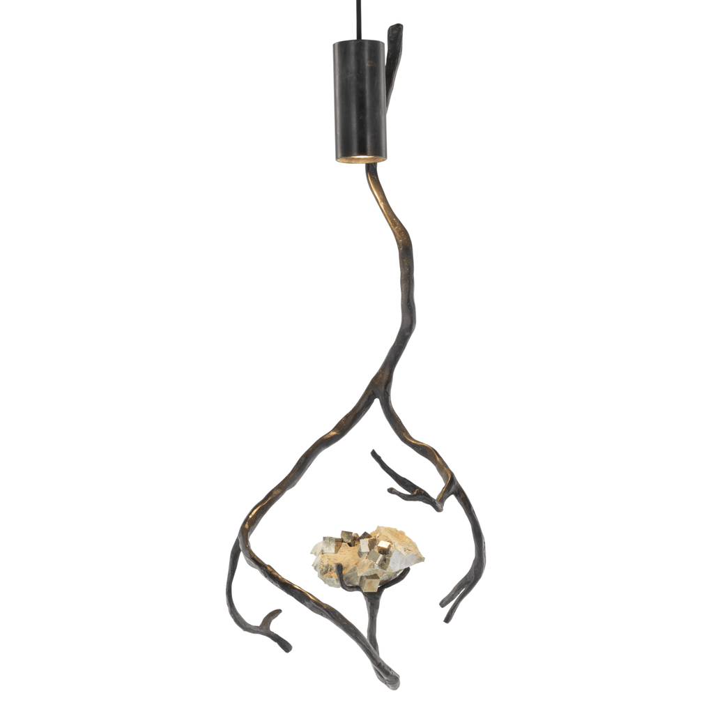 Orpheus Pyrite Hanging Lamp with dark metallic branch frame and illuminated semi precious stones