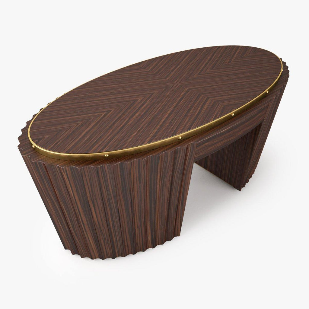 Dark wood oval cocktail table with brass trim, perfect for stylish oval cocktail setups