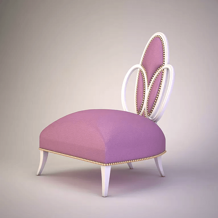 Modern Ovalini Chair with purple upholstered seat, white triple-lobed backrest, and gold nailhead trim