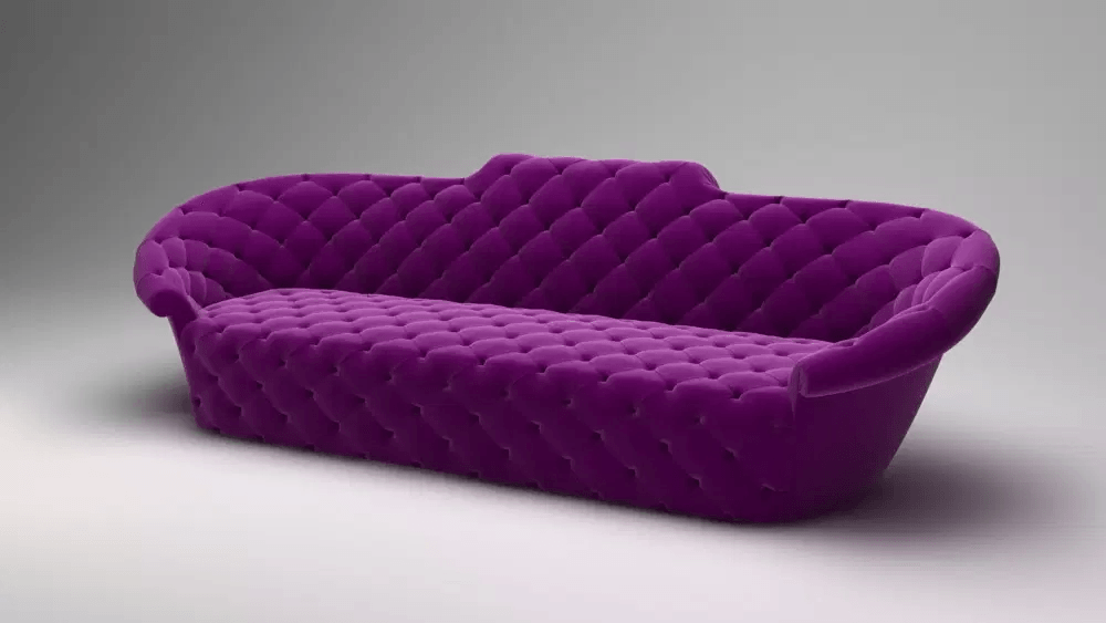 Palermo Sofa featuring a tufted purple velvet design with rolled arms and a curved back
