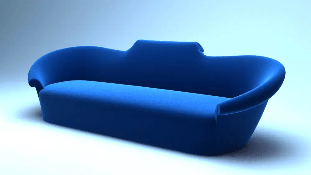 Blue velvet Palermo Sofa with modern curved arms and unique backrest design