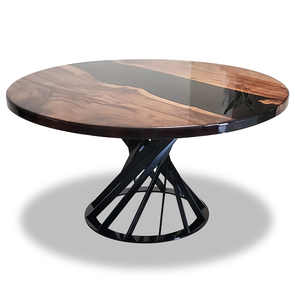 Panaro Walnut Wood Round Dining Table with dark wood, black resin top, and spiral metal base