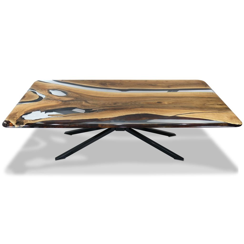 Alcantara Walnut Wood Dining Table with live edge, clear resin river, black metal starburst base