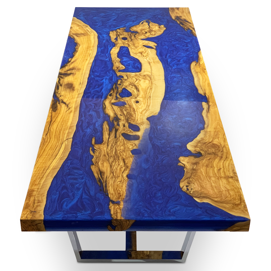 Pearl Blue Morano Olive Wood Coffee Table with rectangular blue resin and natural wood top