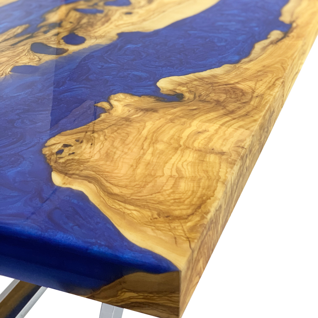 Live-edge Pearl Blue Morano Olive Wood Coffee Table with blue resin river design