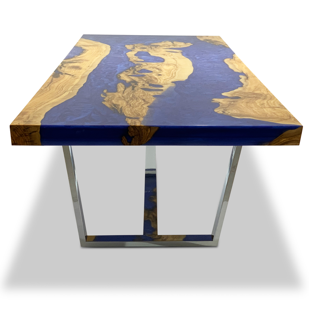 Pearl Blue Morano Olive Wood Coffee Table with blue epoxy river and chrome base