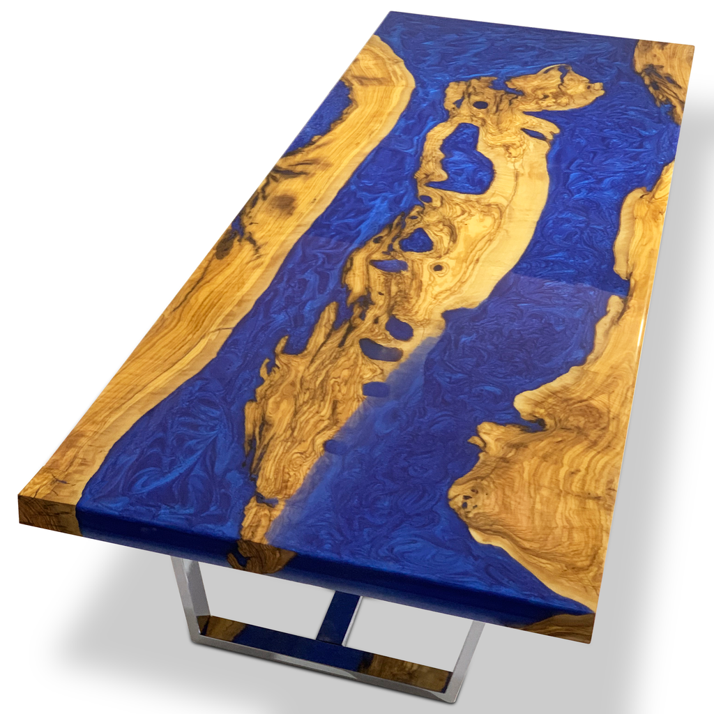Handcrafted Pearl Blue Morano Olive Wood Coffee Table with live-edge blue resin top