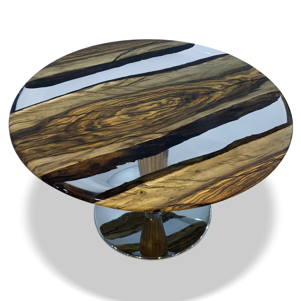 Round epoxy resin and walnut wood double river coffee table with chrome base