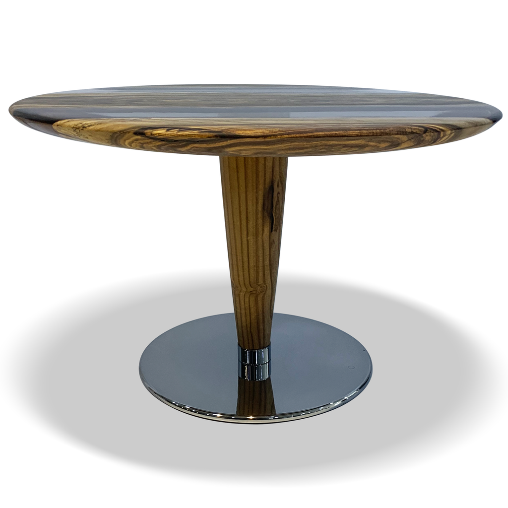 Phaloe Walnut Wood Double River Round Coffee Table with wooden top and chrome base