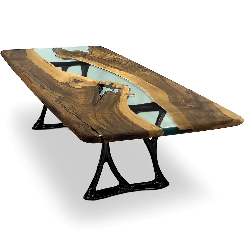 Aquamarine Pheraea Walnut Wood River Dining Table with live-edge walnut wood and blue epoxy