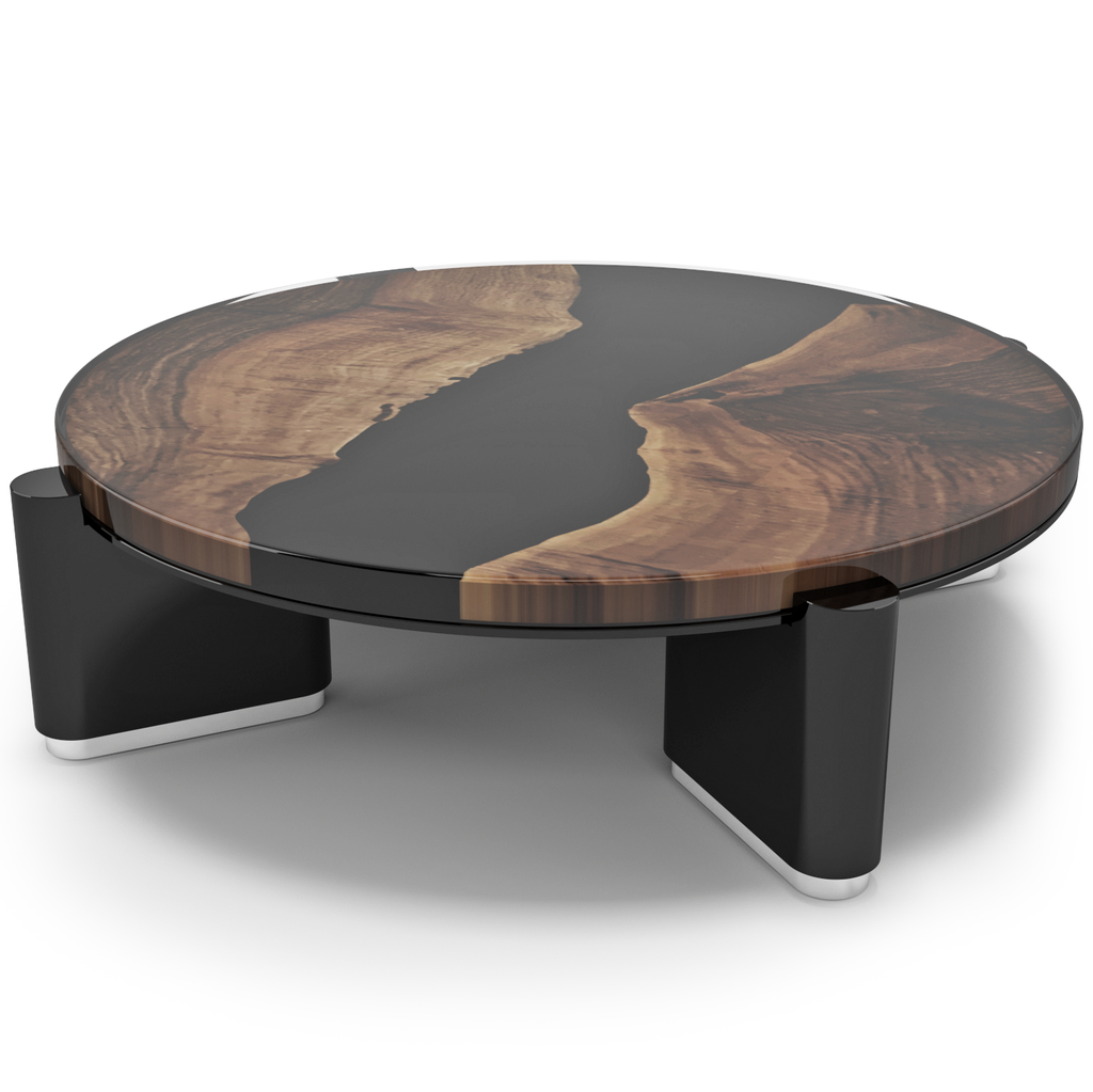 Piave Walnut Wood Black Coffee Table with dark resin top and natural wood accents