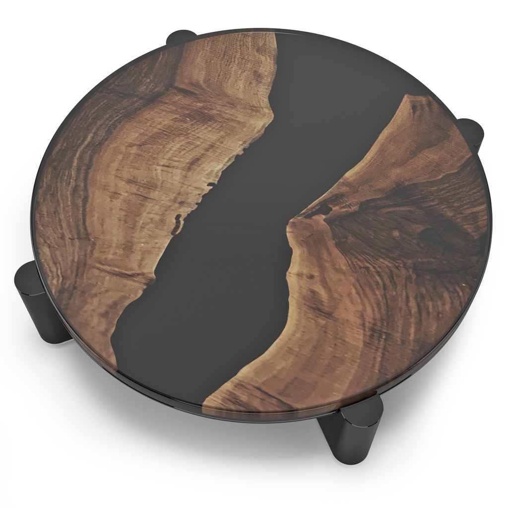 Round resin and walnut wood Piave Walnut Wood Black Coffee Table for modern living spaces