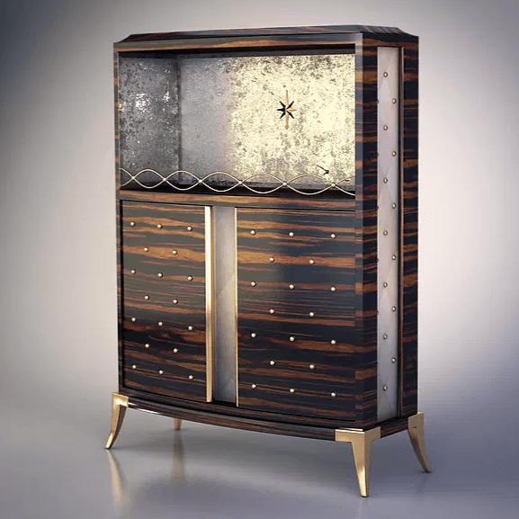 Pickard Bar Cabinet with ornate dark wood, gold accents, antique mirror, and wavy divider