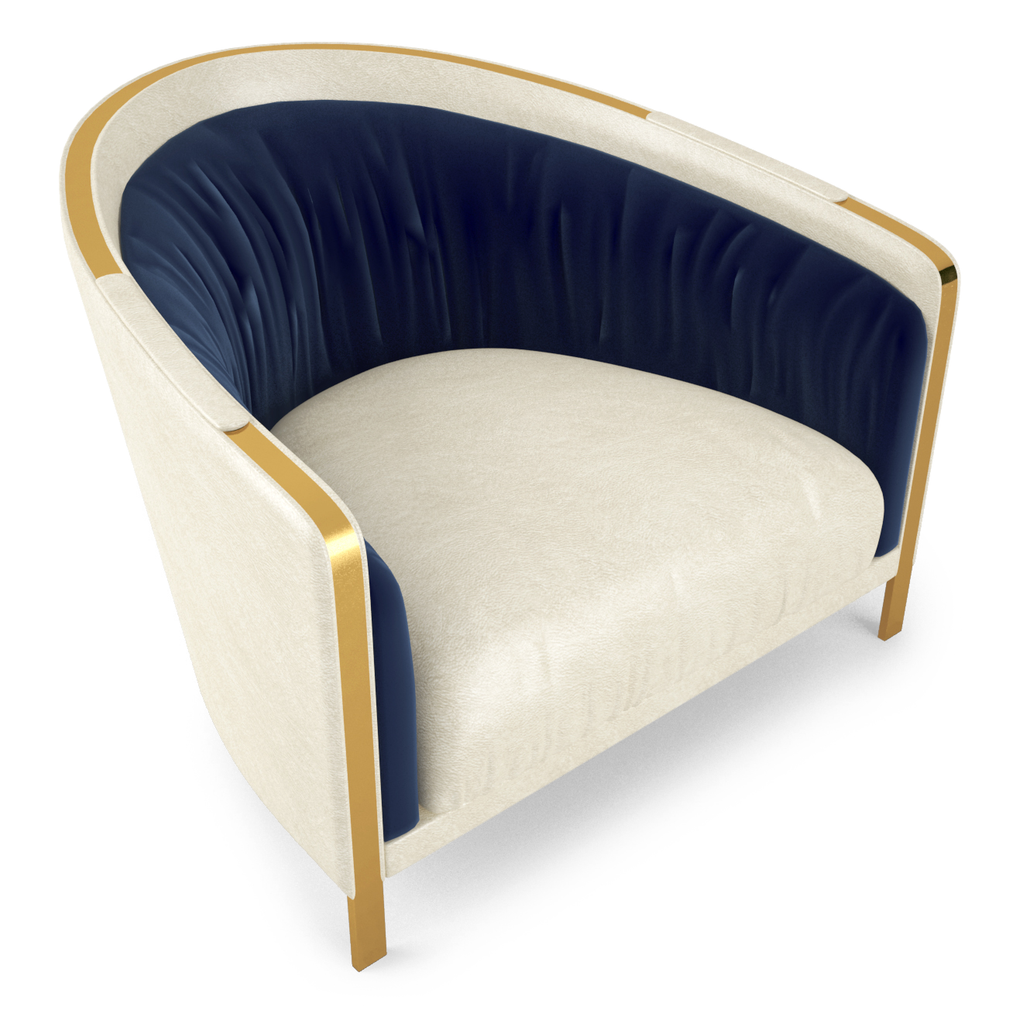 Elegant Porto Chair with cream seat, deep blue pleated backrest, and gold frame