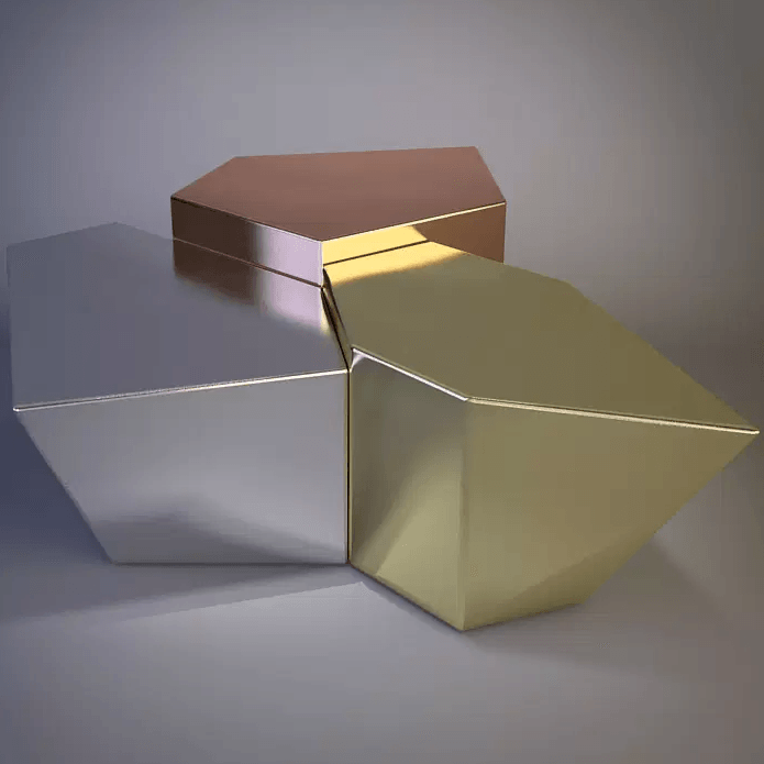 Reflective silver, gold, and copper quarry cocktail table with interlocking hexagonal boxes