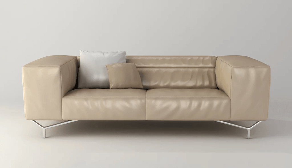 Rapallo Modern Sofa: beige leather two-seater with throw pillows and chrome legs