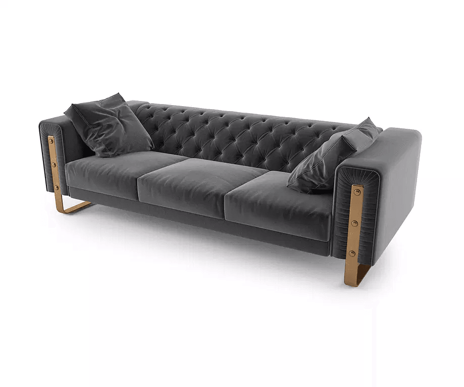 Grey tufted velvet Rapollo Sofa with gold-tone metal legs and armrest accents