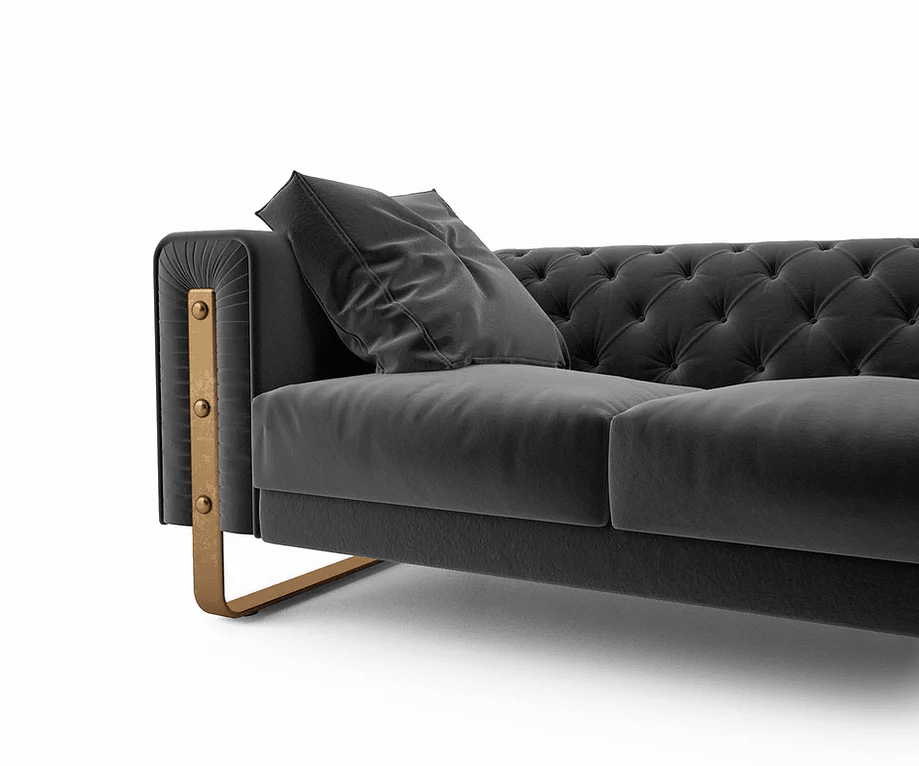 Dark gray velvet Rapollo Sofa with tufted design and gold metal frame for stylish living rooms