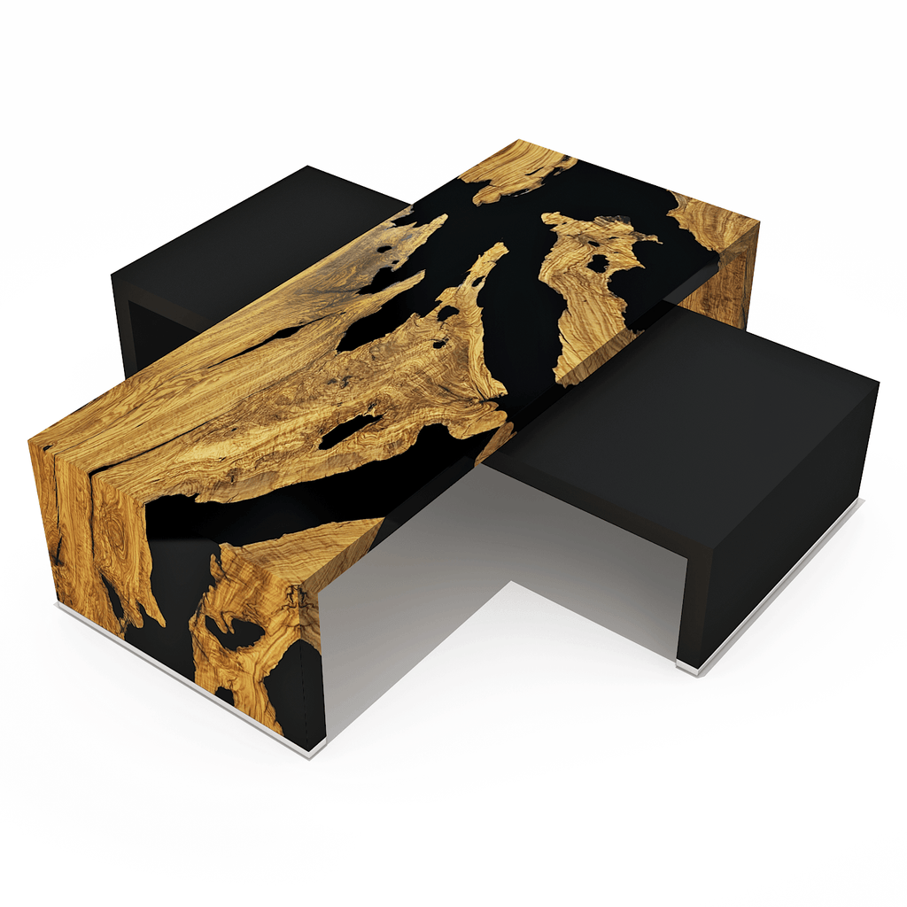 Rhesos Olive Wood Waterfall Coffee Table Set with natural wood slab top and black resin infill