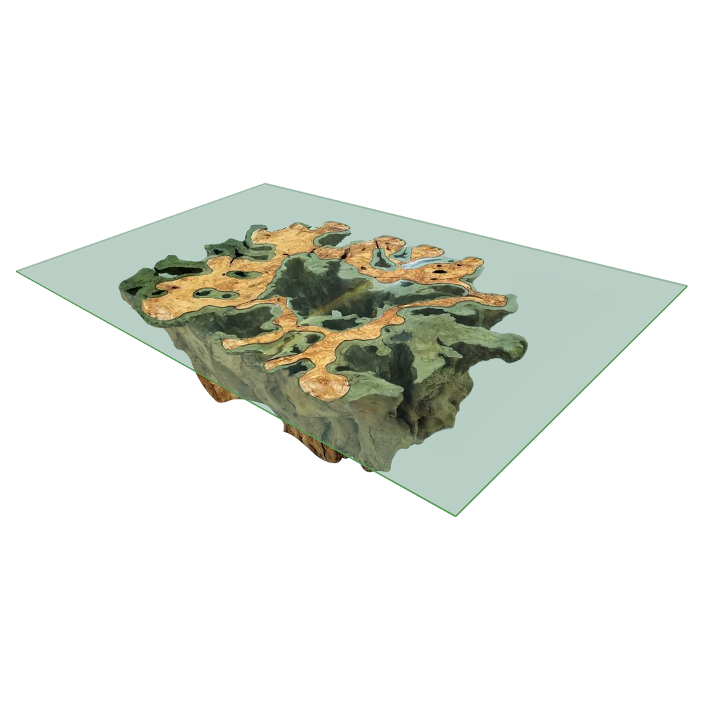 Green and brown Root Rectangular Coffee Table with an organic shape and clear glass top
