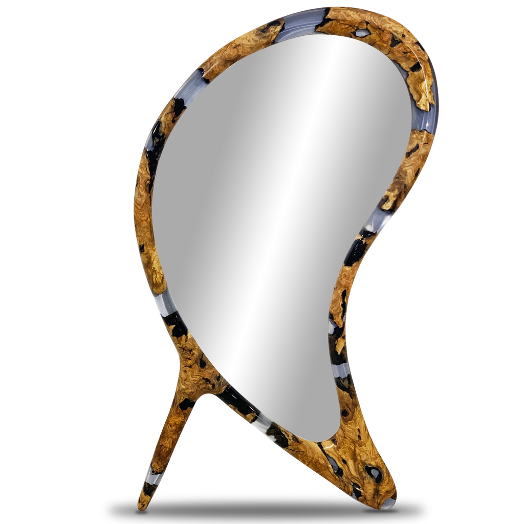 Modern free-form Rose Quartz Lotis Floor Mirror with wooden and resin frame