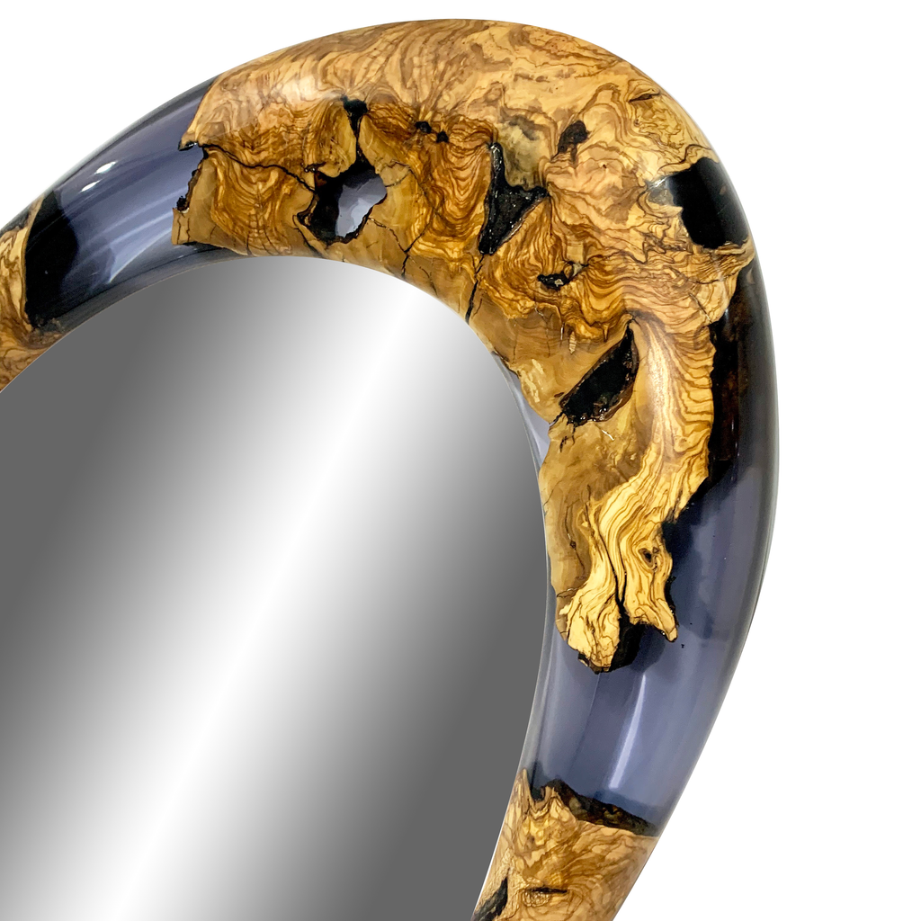 Rose Quartz Lotis Floor Mirror with curved burl wood and dark grey resin frame