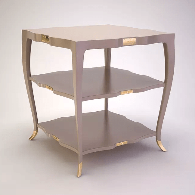 Saint Ann Center Table with three tiers, light brown finish, gold accents, curved legs