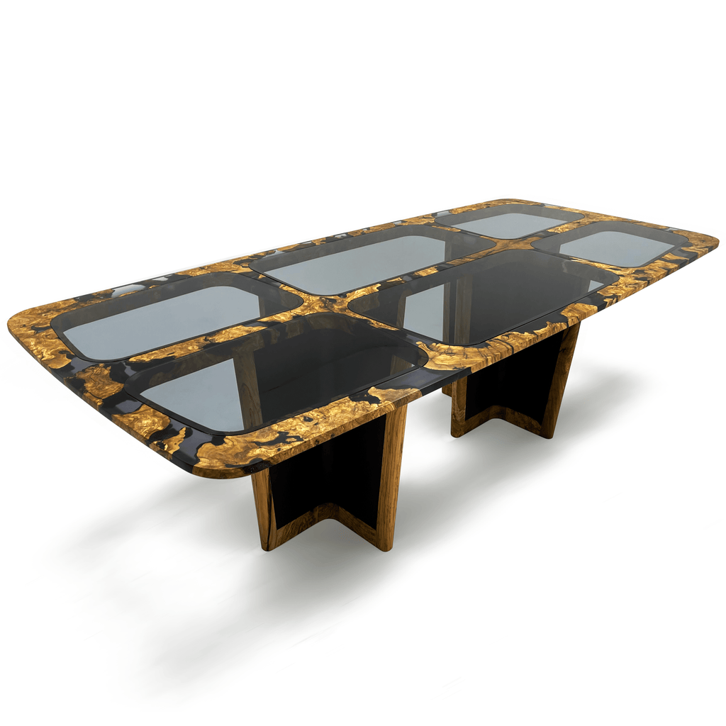 Salamis Dining Table with black and gold leaf resin top and glass inserts
