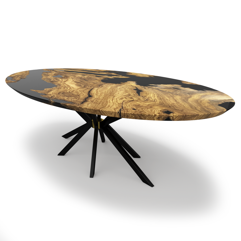 Salus Olive Wood Ellipse Dining Table with dark resin top and starburst black metal base