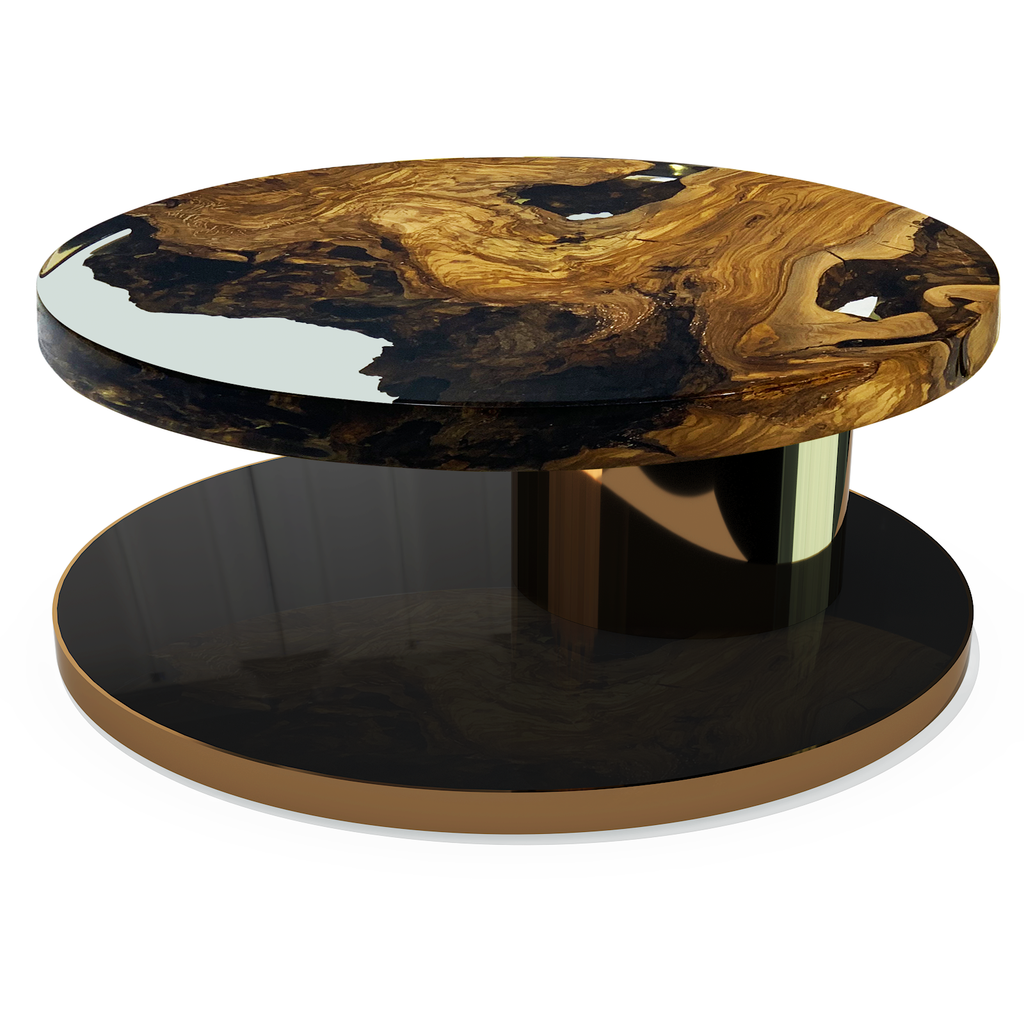 Saron Olive Wood Round Coffee Table with live-edge wood and resin top on dark base