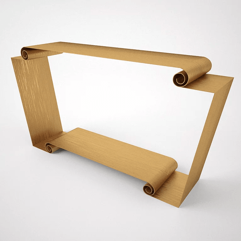 Decorative golden metal scroll console frame with intricate scrolled ends for elegant decor