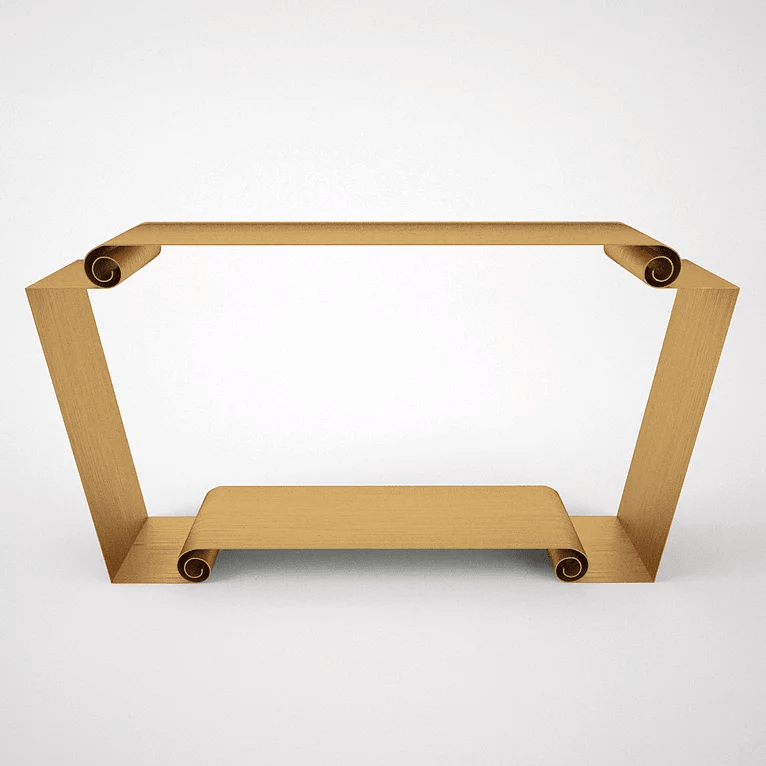 Gold-colored scroll console with scrolled ends for elegant home decor