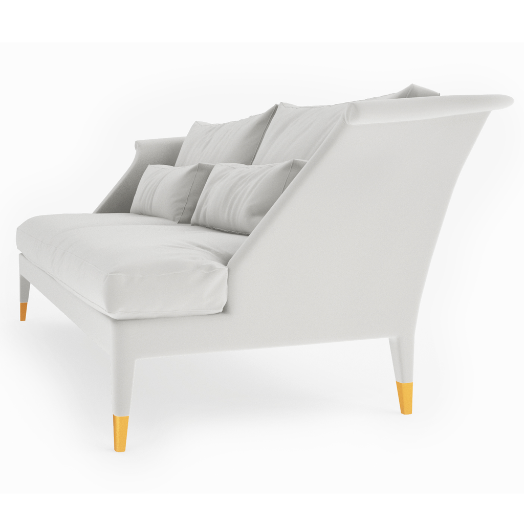 Senior Sofa: Light gray two-seater with golden accents on its legs for elegant comfort