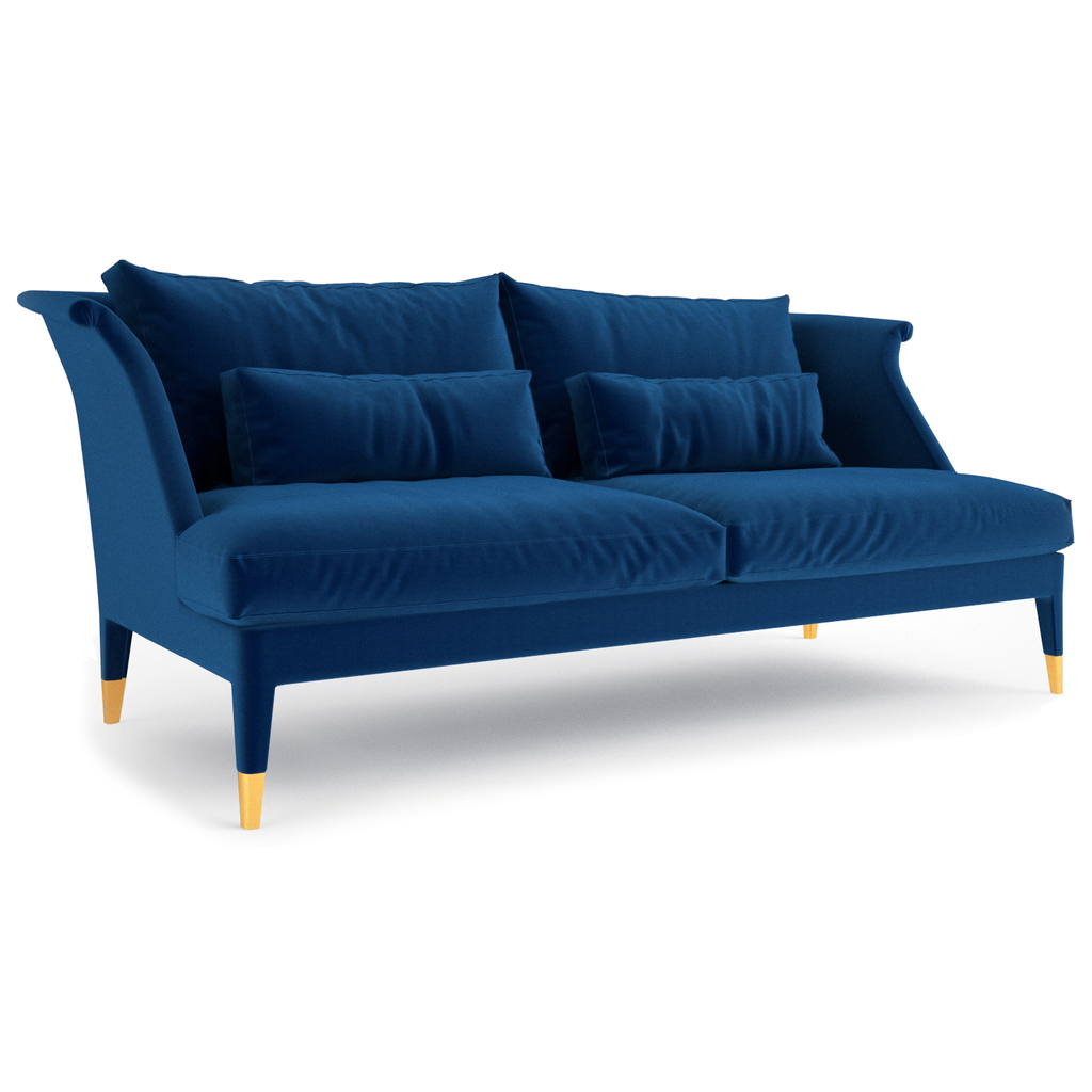 Blue velvet senior sofa with golden-tipped legs and plush cushions for elegant comfort