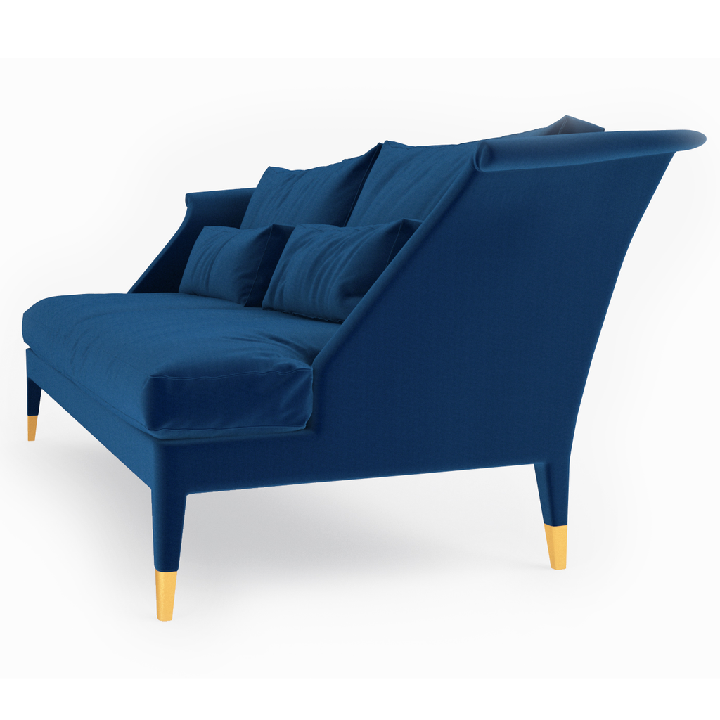 Senior Sofa featuring a royal blue velvet upholstery with golden-tipped legs for luxury style
