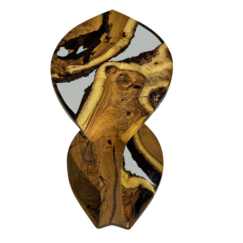 Decorative wooden sculpture with clear resin accents on Serrate Leaf Side Table for luxury furniture