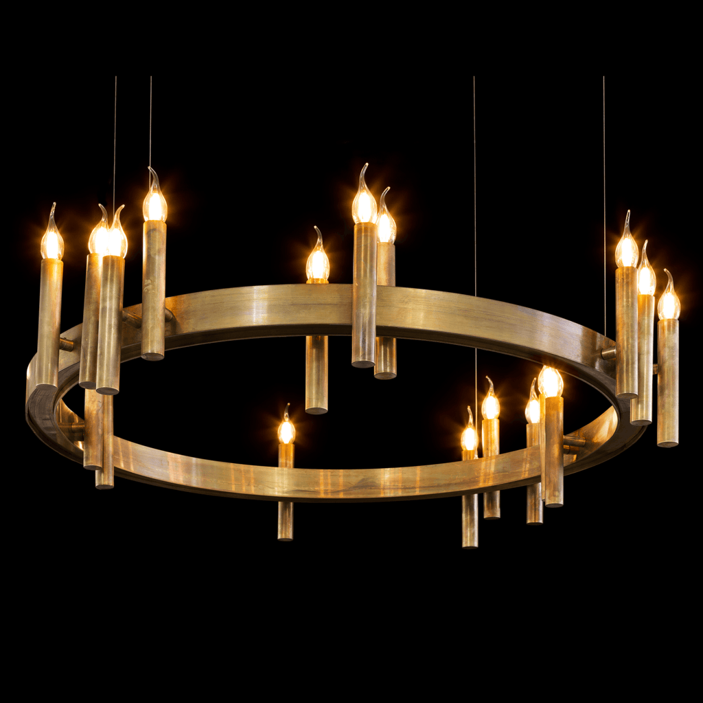 Brass finish circular chandelier with candle-style lights from Shiro Suspension Ring Lamp